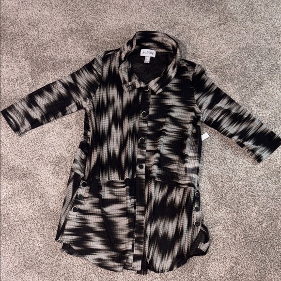 Joseph Ribkoff black beige pattern wired collar sheer tunic jacket new size 8